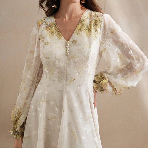 Multicolor Elegant Women's V-Neck Floral Print Sleeve Cottagecore Dress - Picture 6 of 8